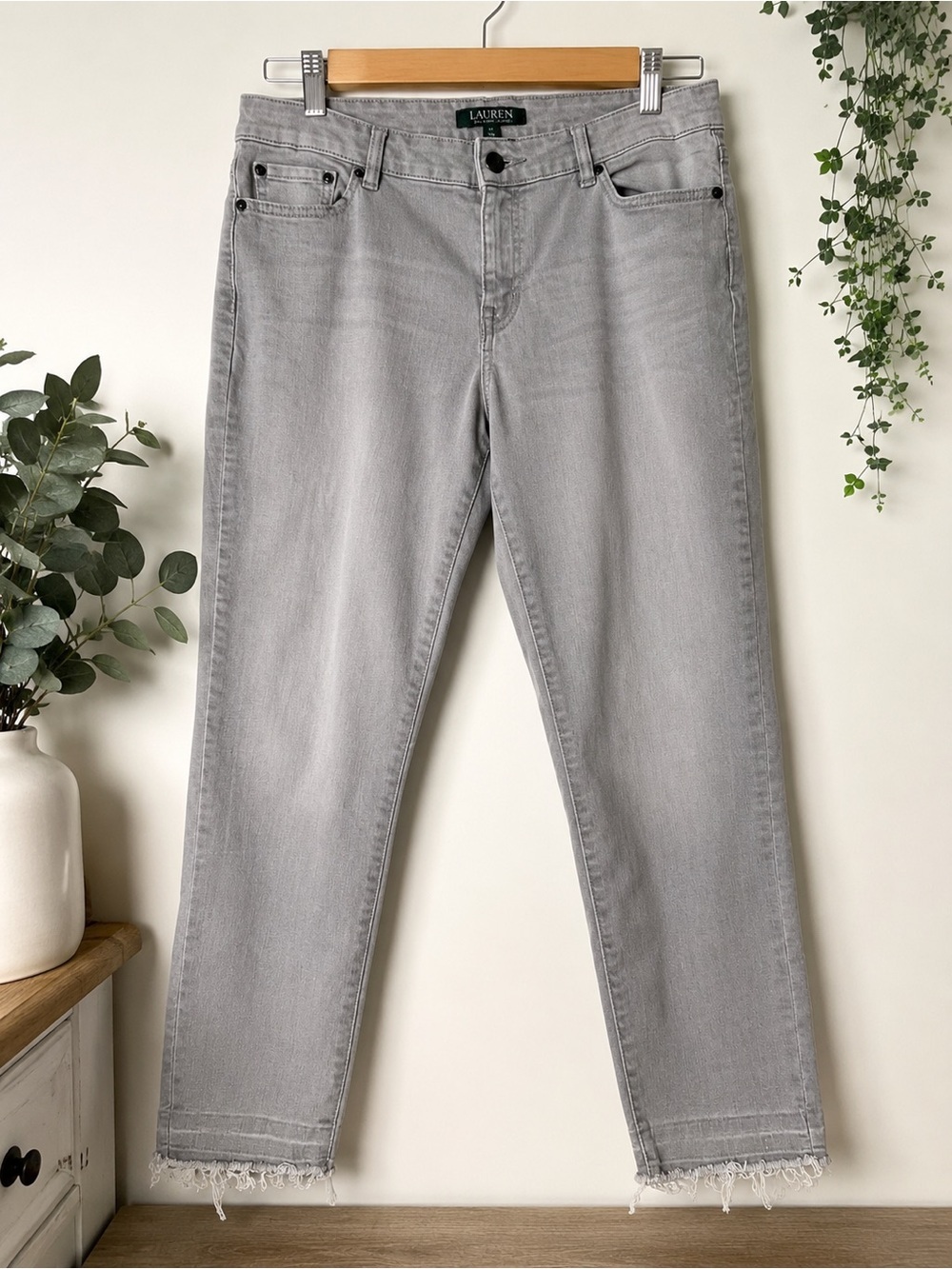 Lauren Ralph Lauren Grey Cropped Skinny Jeans Raw Hem Size 14